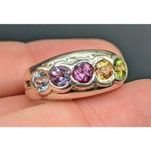 Multi Round Gemstone Multicolor Sterling Signed Ring Sz 6 Topaz Amethyst Citrine